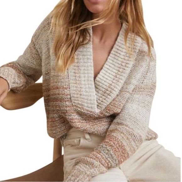 Pilcro- Anthropologie “Joyce” Neutral Striped V Neck Chunky Crop Sweater- Size S - Picture 1 of 10